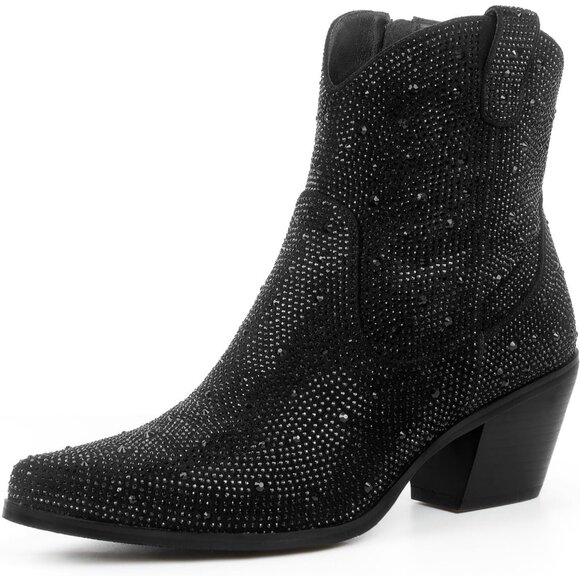 Women Black-ankle Rhinestone Mid Calf Pointed Toe Pull-On Sparkly Block Heel - Picture 1 of 6